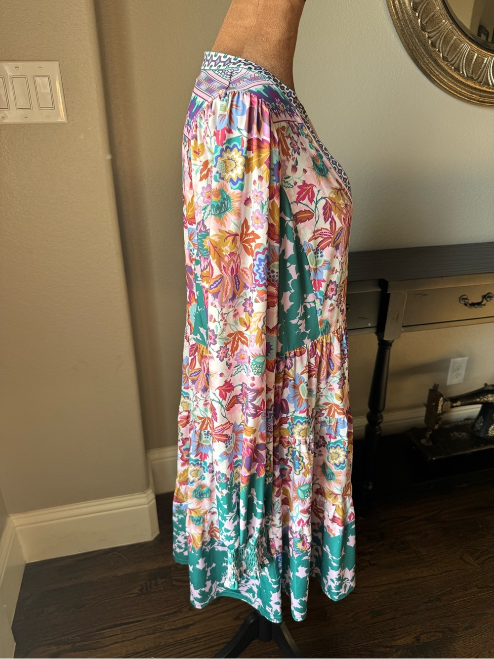 Hale Bob NWOT Floral Tiered Jersey Mini Dress Multicolor Boho Long Sleeve L - Picture 9 of 13